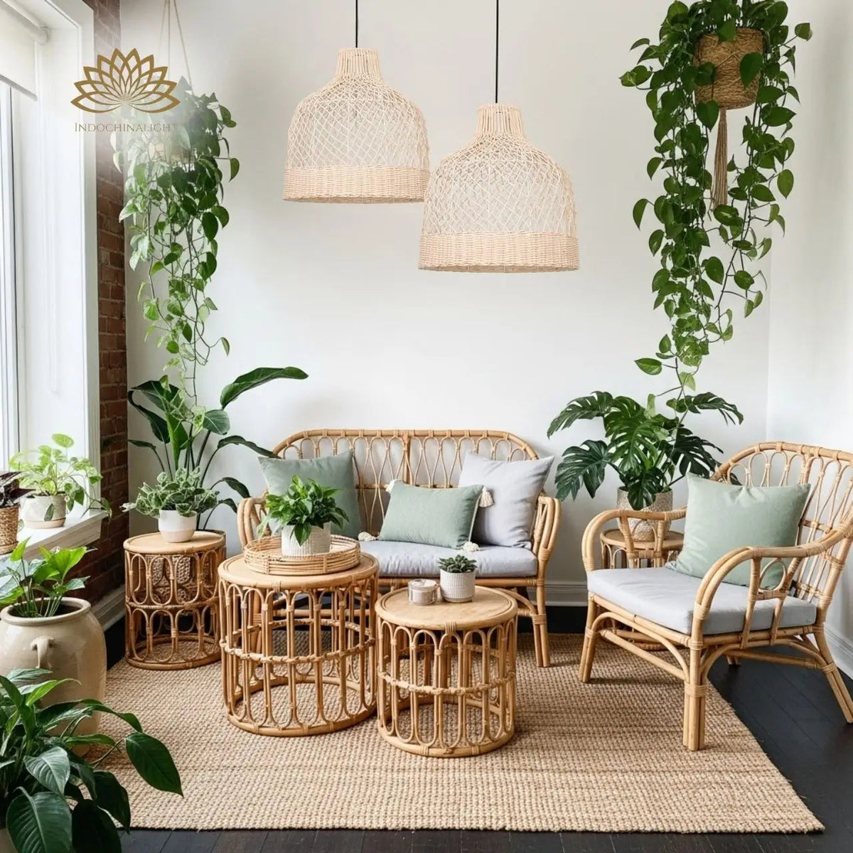 Fuelix Rattan Basket Pendant Light in living room, 31.5-inch dome as seating-area centerpiece, open lattice casting patterned light across the sofa below