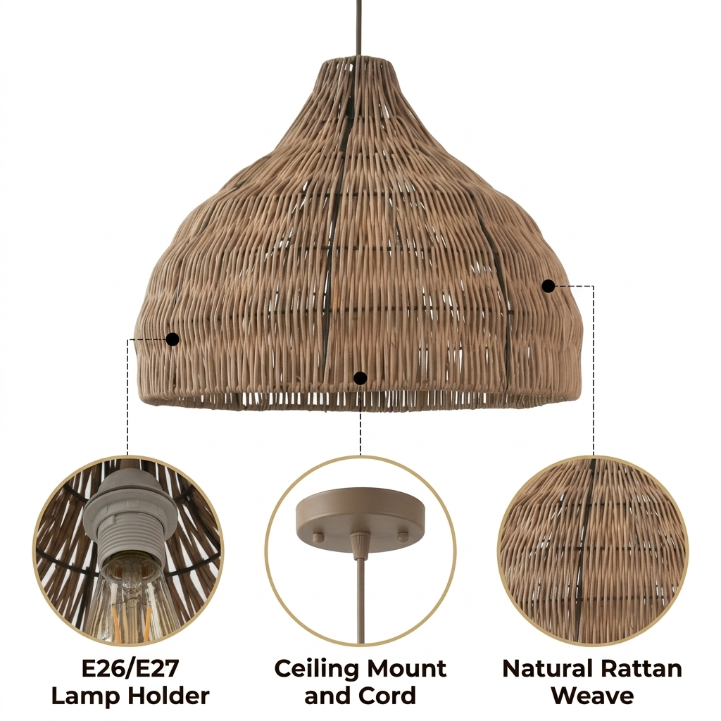 Garlic Coastal Rattan Kitchen Pendant Light with dense horizontal band weave and graduated rattan strips, adjustable cord mount, one E26 socket for warm ambient glow