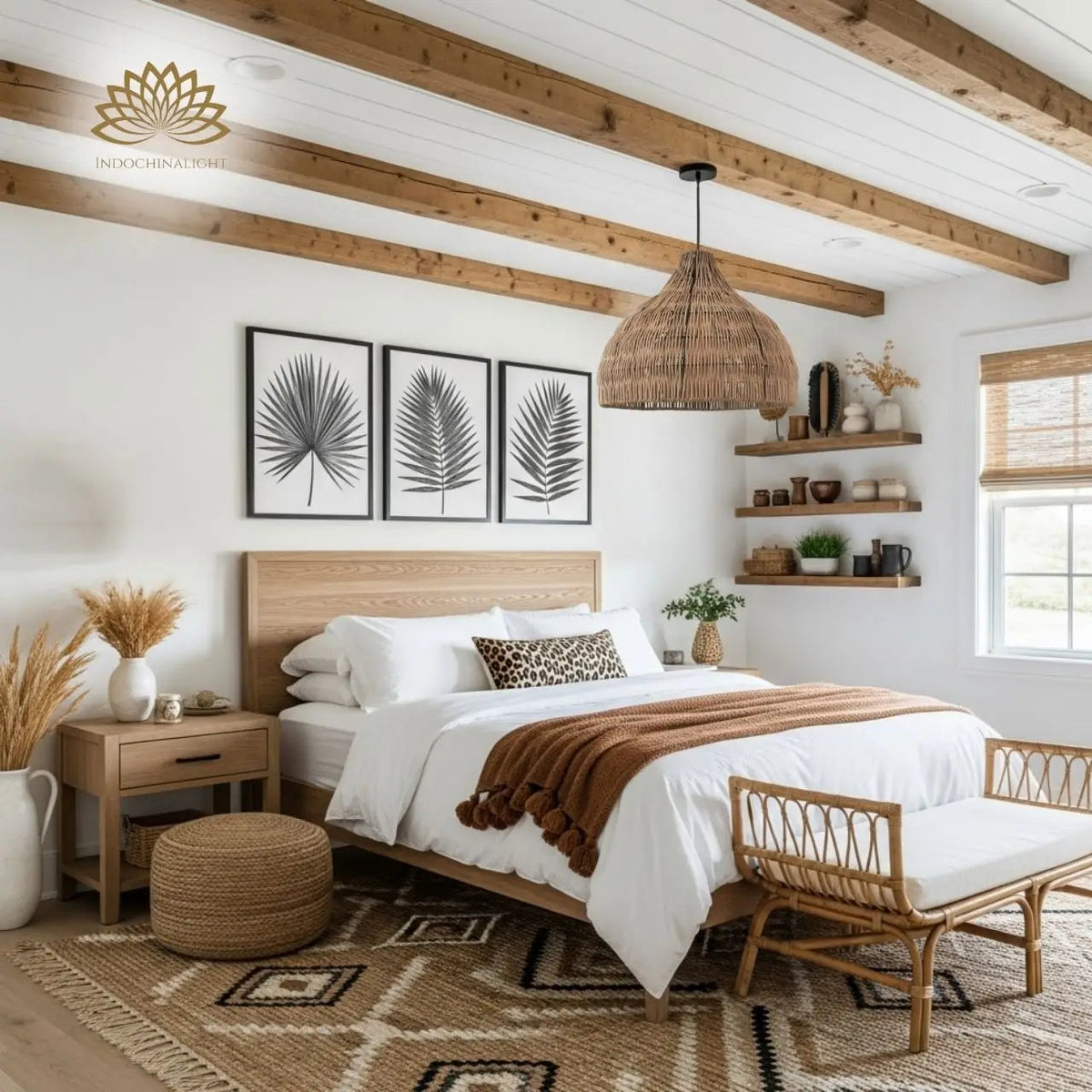 Garlic Coastal Rattan Kitchen Pendant Light in bedroom, 17.7-inch shade beside the bed replacing a table lamp, dense weave dimming low for late evenings
