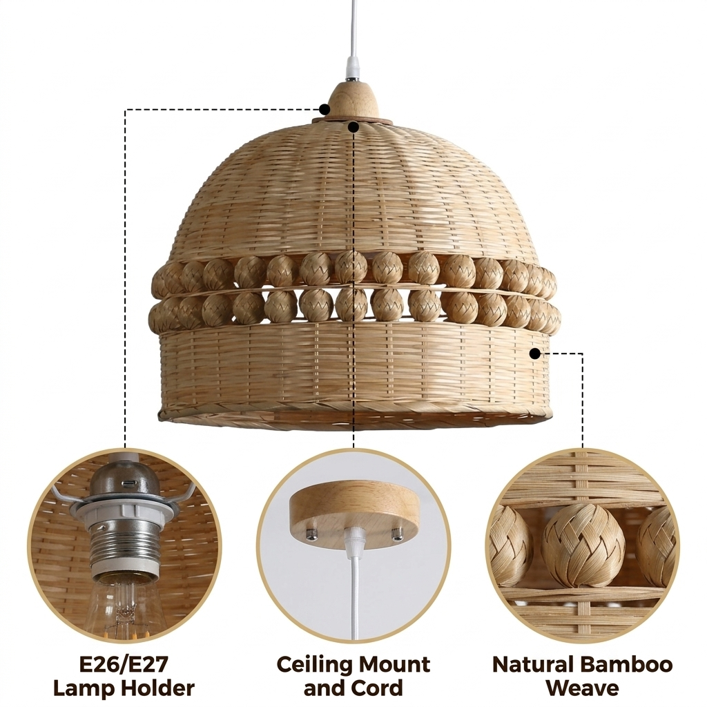 Gaudio Dome Wicker Bamboo Pendant Light with tight basket weave and hand-woven spherical ball band, natural matte bamboo, adjustable mount, one E26 socket ambient glow