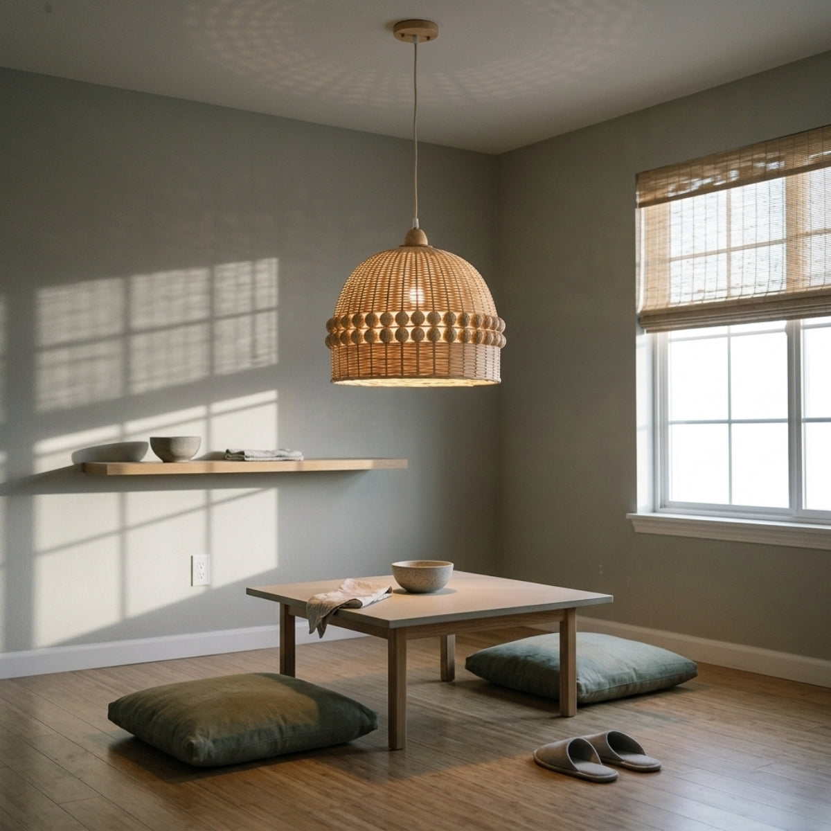 Gaudio Dome Wicker Bamboo Pendant Light in dining room, 14.2-inch dome centered so the dual-row ball band throws dotted shadow across the wood tabletop