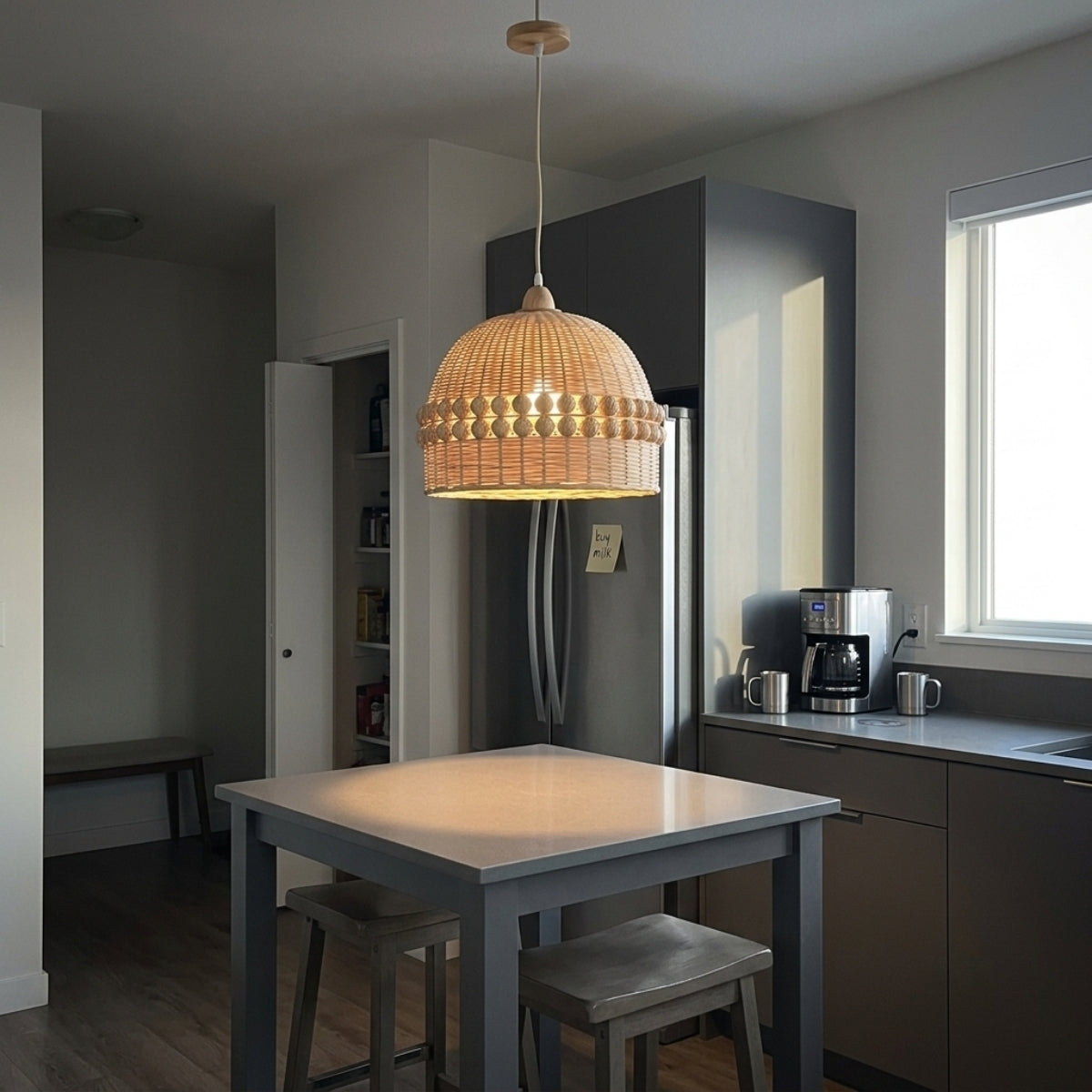 Gaudio Dome Wicker Bamboo Pendant Light over kitchen island, domes clustered 24 to 30 inches apart, tight weave still letting enough light through for prep work