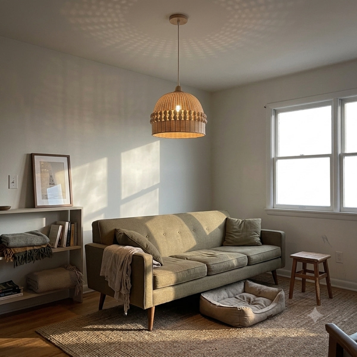 Gaudio Dome Wicker Bamboo Pendant Light in living room, 16.5-inch dome centerpiece over the coffee table, honey-golden weave filtering ambient light through the ceiling