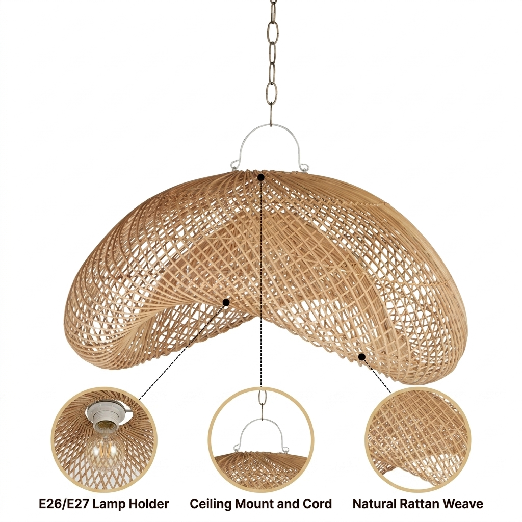 Generis Wabi Sabi Wave Rattan Pendant Light with diamond-aperture open lattice weave, natural matte finish, adjustable cord mount, one E26 socket for ambient glow