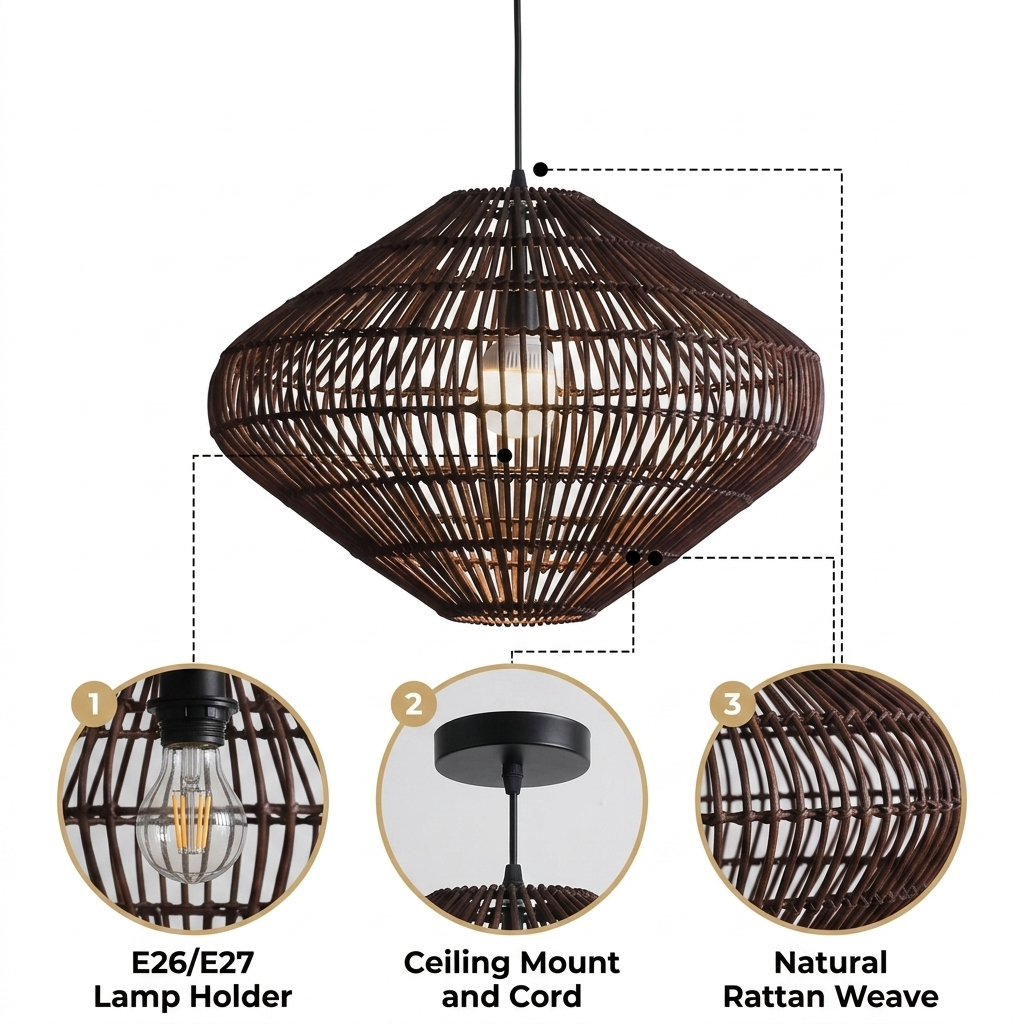 Geometric Diamond Rattan Basket Pendant Light with open cage diamond weave, brown matte finish, adjustable cord mount, two E26 sockets for warm ambient light