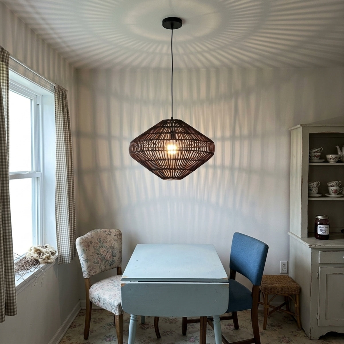 Geometric Diamond Rattan Basket Pendant Light in dining room, 19.7-inch basket over the table, open diamond weave lighting place settings without crowding sightlines