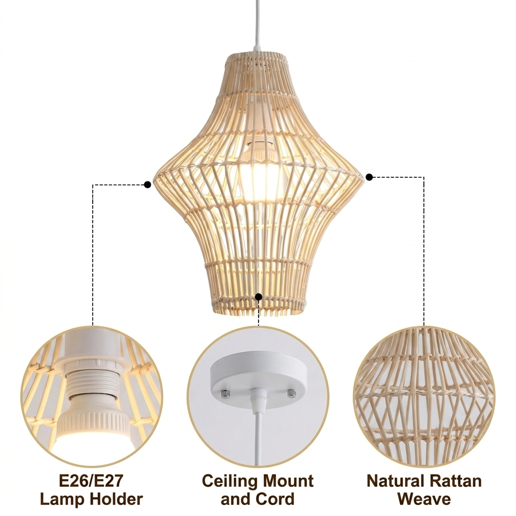 Geometric Rattan Pendant Light with open geometric lattice weave, natural matte rattan, adjustable cord mount, one E26 socket casting warm diffused ambient light