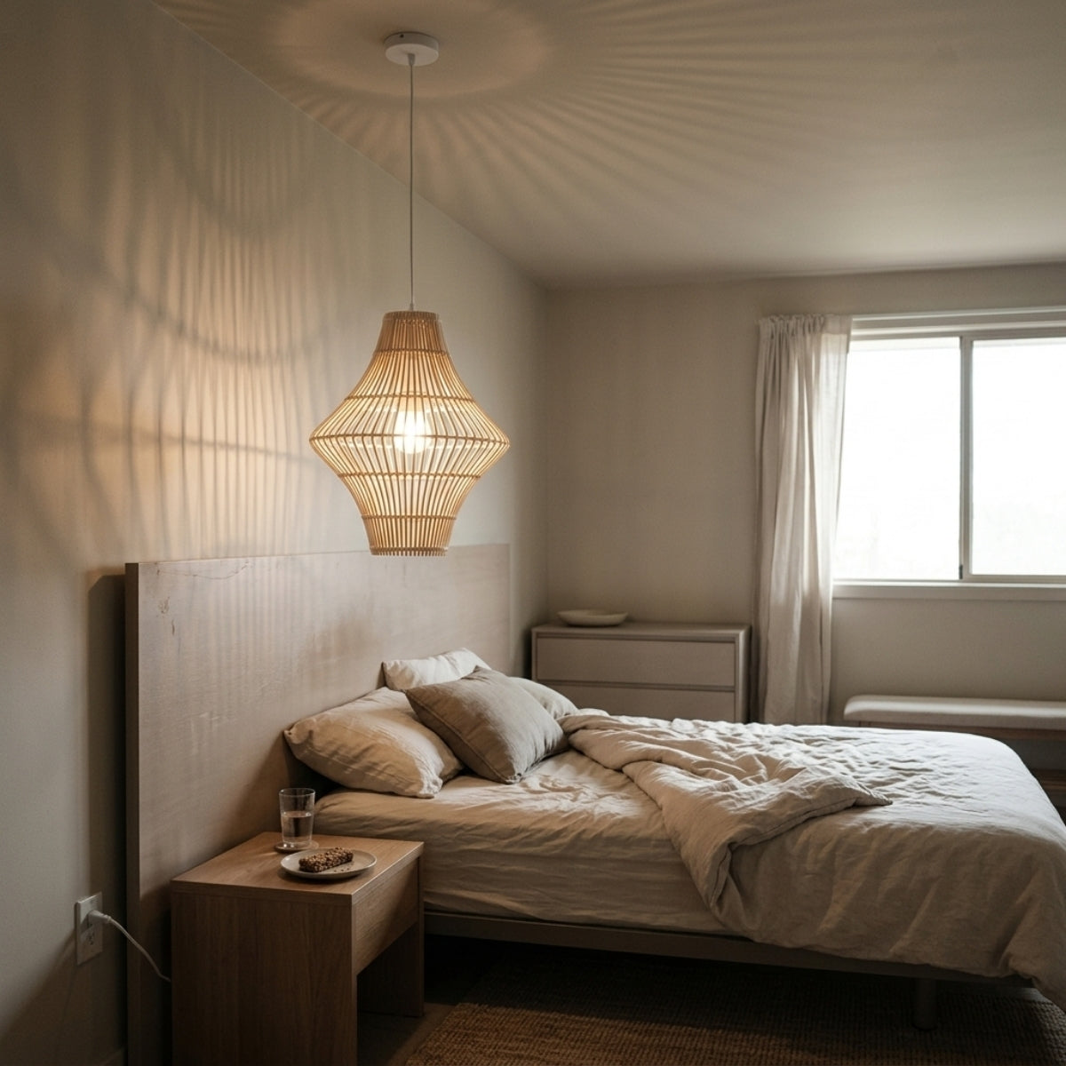 Geometric Rattan Pendant Light in bedroom, hourglass shade beside the bed freeing nightstand space while woven rattan casts a soft warm glow at night