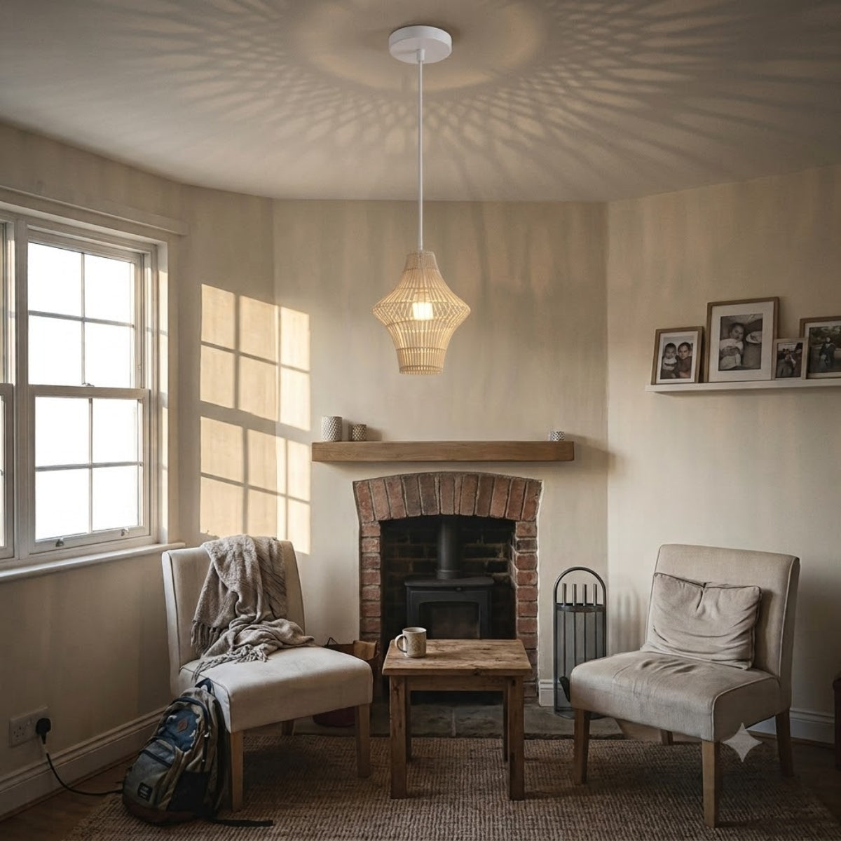 Geometric Rattan Pendant Light in living room, hourglass shade as an ambient accent near the sofa and coffee table rather than the room centerpiece