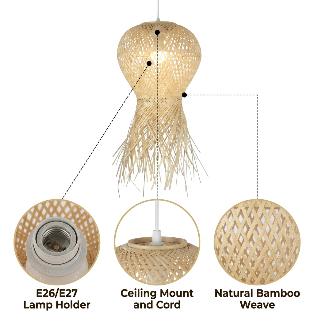 Geragur Tassel Handwoven Bamboo Pendant Light with open hexagonal lattice and fringed bamboo skirt, natural matte finish, adjustable mount, one E26 socket ambient glow