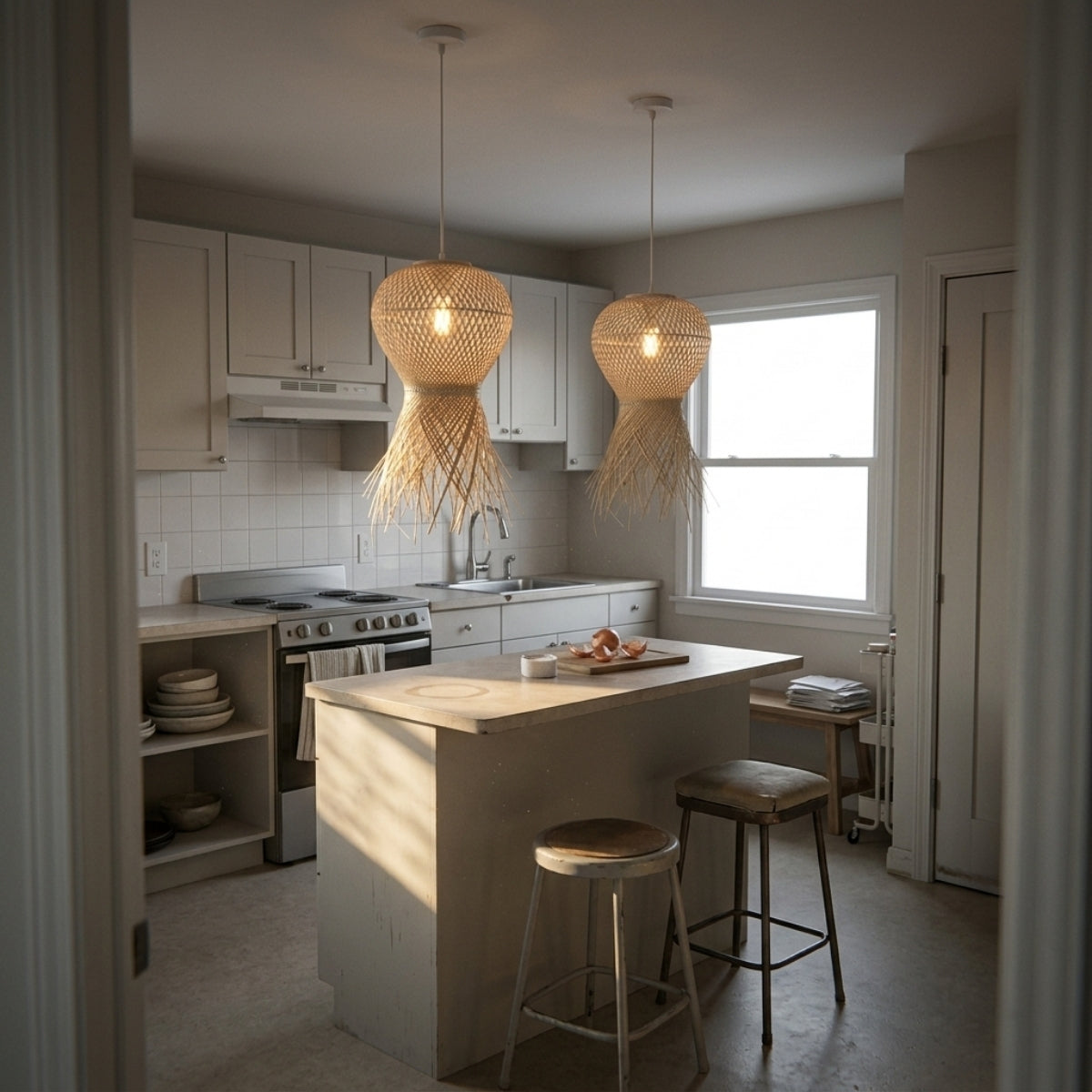 Geragur Tassel Handwoven Bamboo Pendant Light over kitchen island, two shades clustered so hexagonal weave casts overlapping shadow patterns across the prep counter