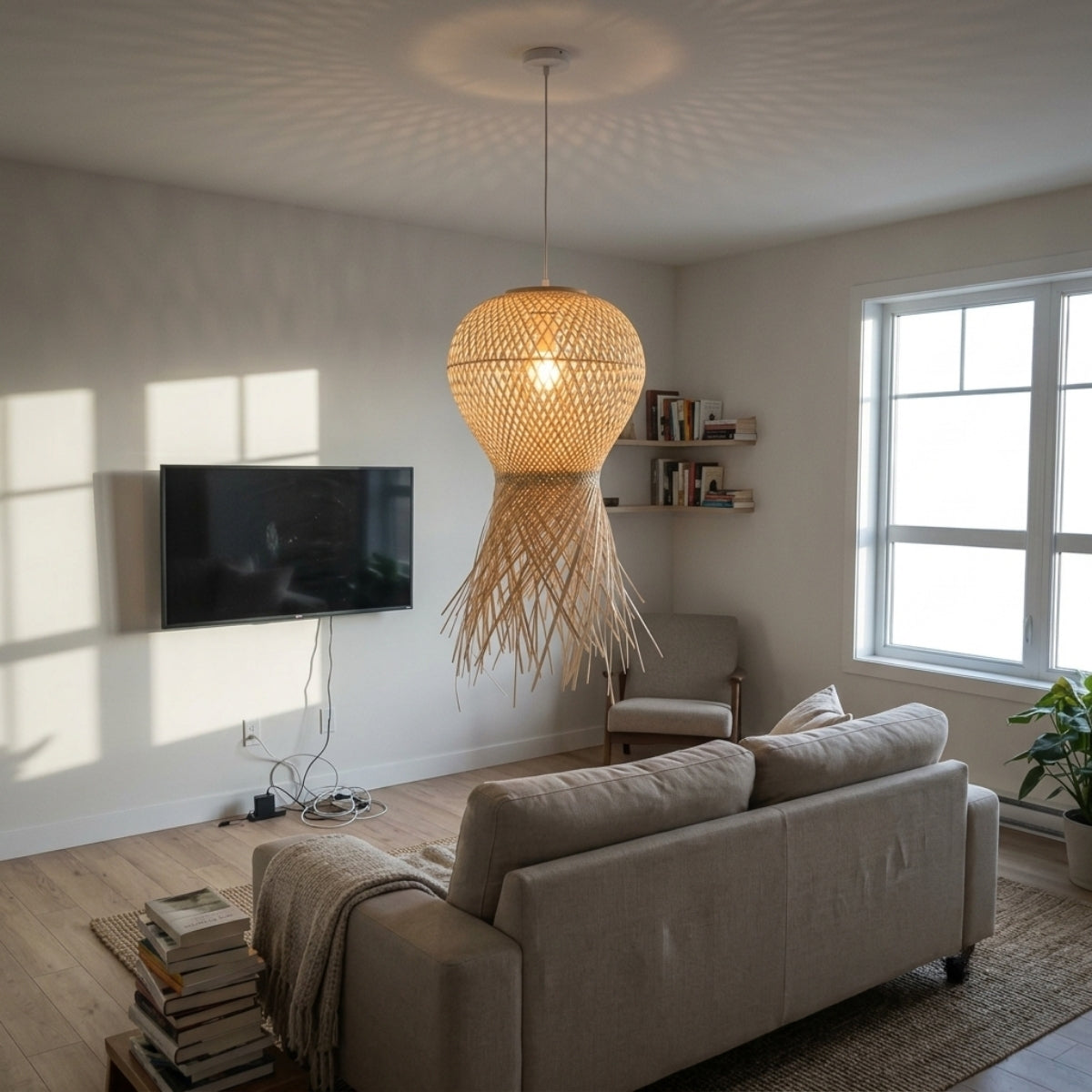 Geragur Tassel Handwoven Bamboo Pendant Light in living room, 23.6-inch shade as sculptural centerpiece, its fringe drawing the eye down toward the furniture below
