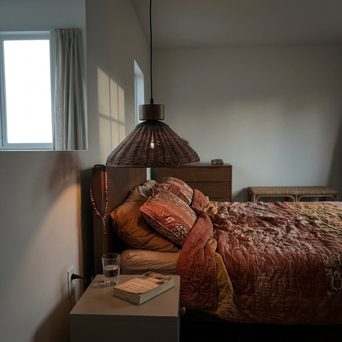 Hakka Conical Dark Brown Rattan Pendant Light in bedroom, cone shade beside the nightstand, freeing the surface while casting warm low light for reading