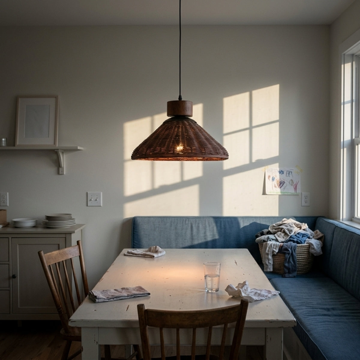 Hakka Conical Dark Brown Rattan Pendant Light in dining room, cone shade centered above the table, its base clearing sightlines while warming the tabletop below