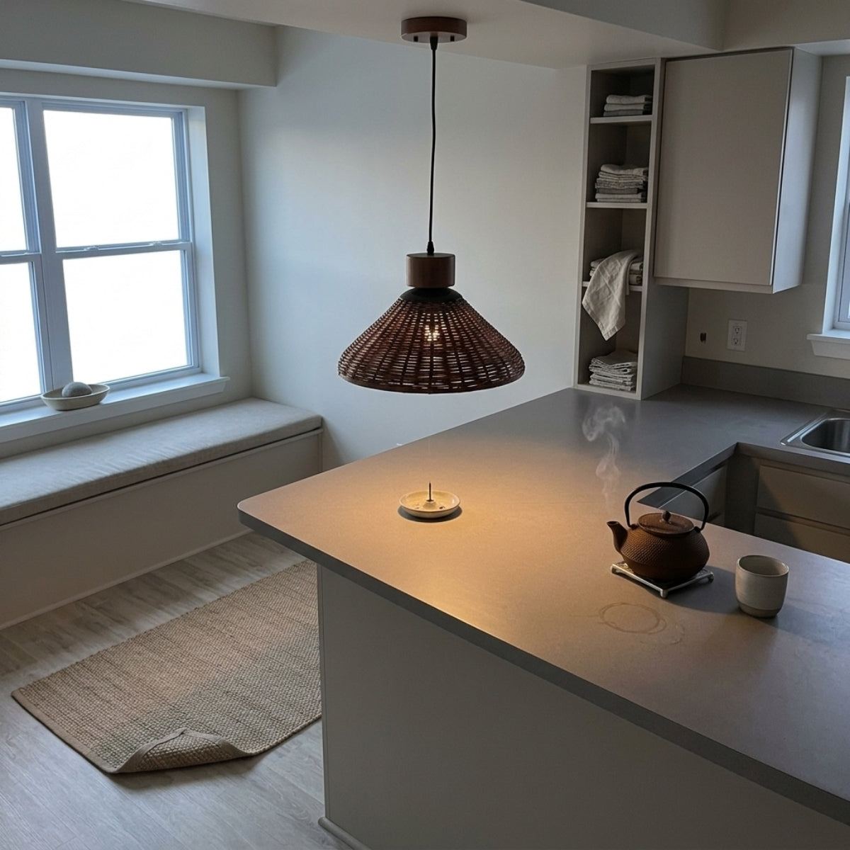 Hakka Conical Dark Brown Rattan Pendant Light over kitchen island, cones clustered in a row so even work light spreads across the counter surface