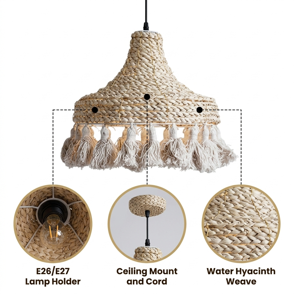 Hamimi Wabi Sabi Boho Wicker Pendant Light with dense wicker weave and hand-knotted tassel fringe, white matte hyacinth, adjustable mount, one E26 socket ambient glow