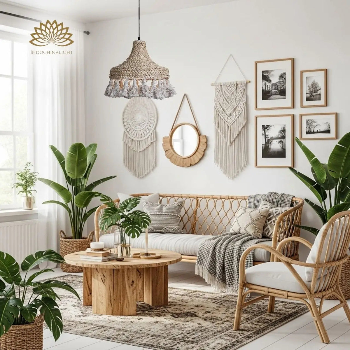 Hamimi Wabi Sabi Boho Wicker Pendant Light in living room, bell shade positioned beside the sofa as ambient texture rather than overhead task light