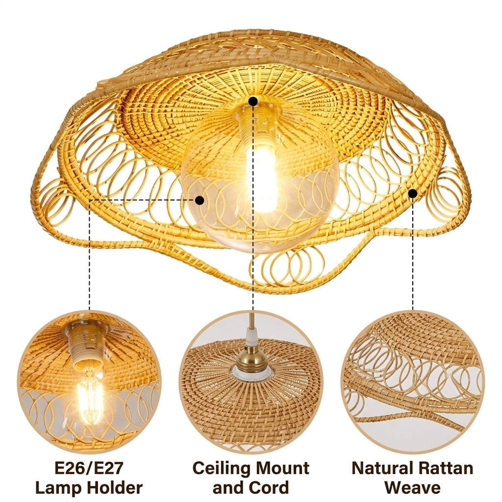 Havana Rattan Ceiling Light with flowing spiral weave around a central woven dome, natural matte finish, flush ceiling mount, one E26 socket for ambient glow