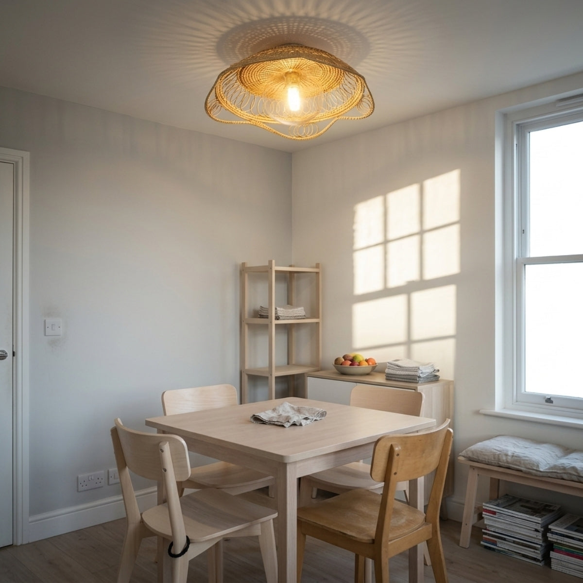 Havana Rattan Ceiling Light in dining room, flower dome over a small bistro table, open weave keeping the light diffuse across the surface for evening meals