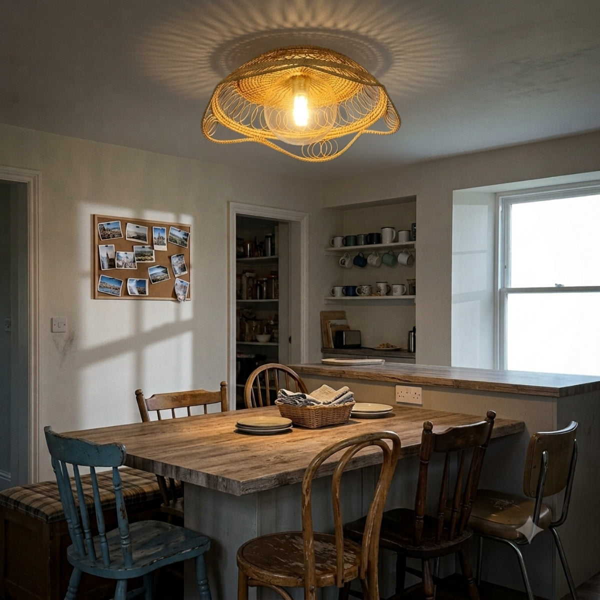 Havana Rattan Ceiling Light over kitchen island, domes clustered evenly across the counter, flush spiral weave casting soft light for chopping and prep