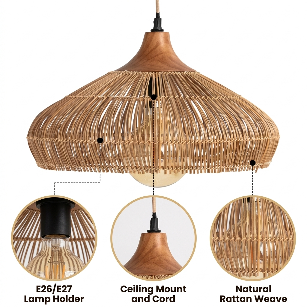 Havenly Rattan Woven Dome Pendant Light with open circular hand-weave, natural matte finish, adjustable cord mount, one E26 socket casting warm ambient light
