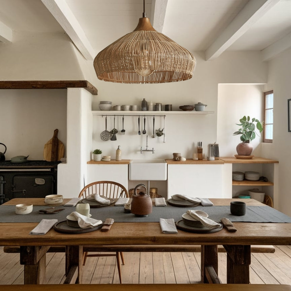 Havenly Rattan Woven Dome Pendant Light in dining room, 23.6-inch dome spreading warm light through open weave across place settings without glare in sightlines