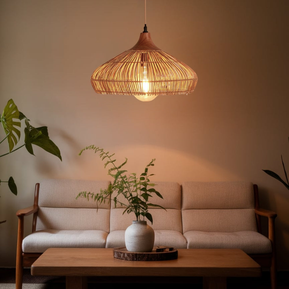 Havenly Rattan Woven Dome Pendant Light in living room, 31.5-inch dome centerpiece over the coffee table, its scale balancing the sofa across the room