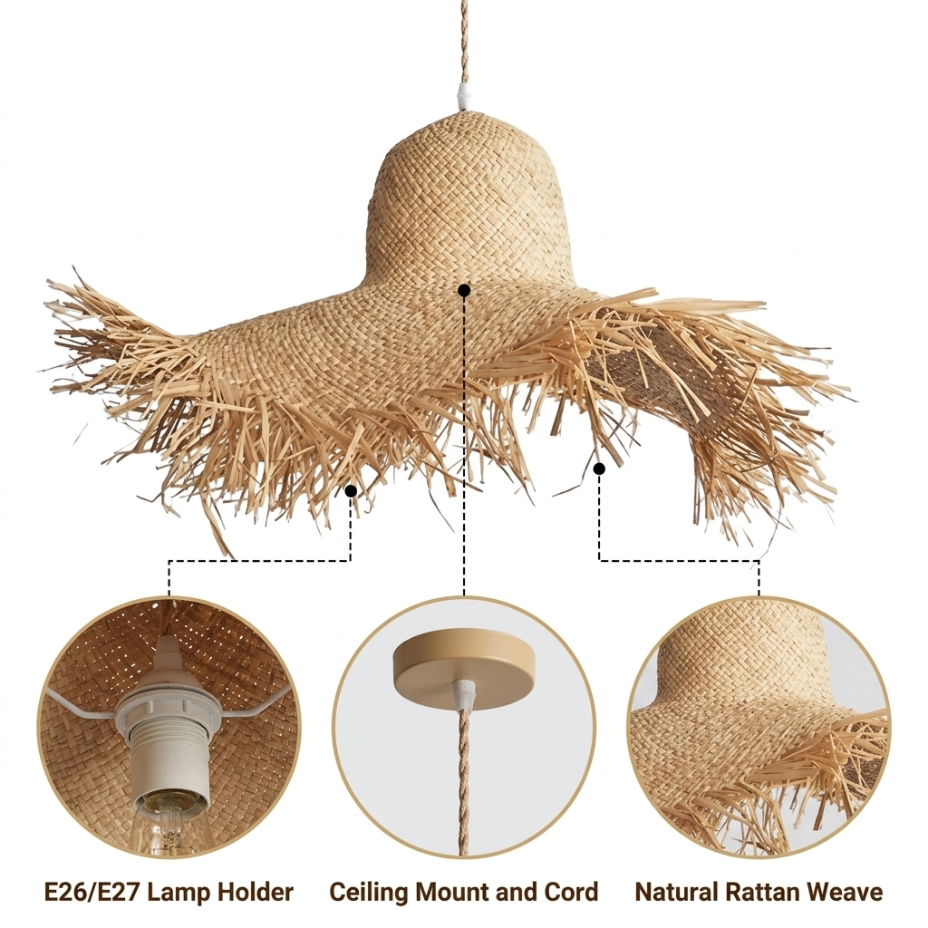 Hawaiian Rattan Pendant Light with tight basket weave crown and fringed rattan edge, natural matte finish, adjustable cord mount, one E26 socket for ambient glow