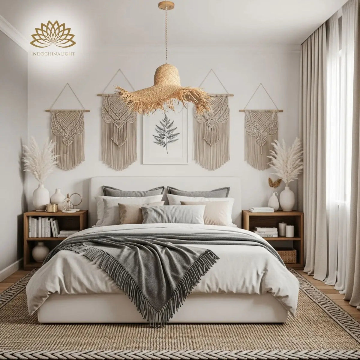 Hawaiian Rattan Pendant Light in bedroom, crown shade beside the bed with fringe clear of eye level, plug-in wiring suited to a bedside outlet