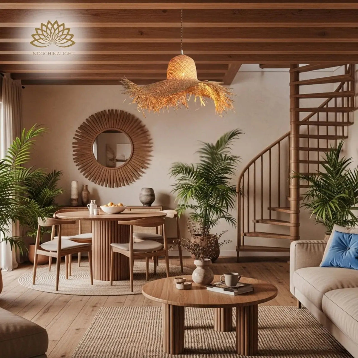 Hawaiian Rattan Pendant Light in living room, crown shade over the coffee table as an ambient centerpiece, fringe scattering light rather than focusing it