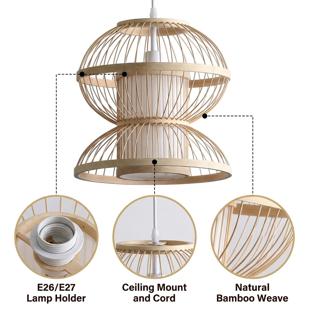 Hemisfera Bamboo Pendant Light with vertical split-bamboo slat cage in a double-sphere hourglass form, natural matte finish, adjustable mount, one E26 socket ambient glow