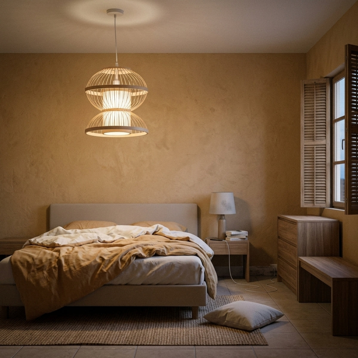 Hemisfera Bamboo Pendant Light in bedroom, compact hourglass shade beside the nightstand, open slat weave keeping light soft for late reading on a dimmer