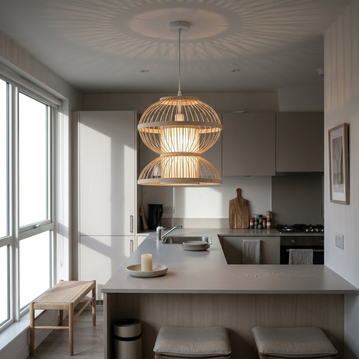 Hemisfera Bamboo Pendant Light over kitchen island, hourglass shades clustered evenly, lower sphere clearing sightlines while brighter light aids food prep below