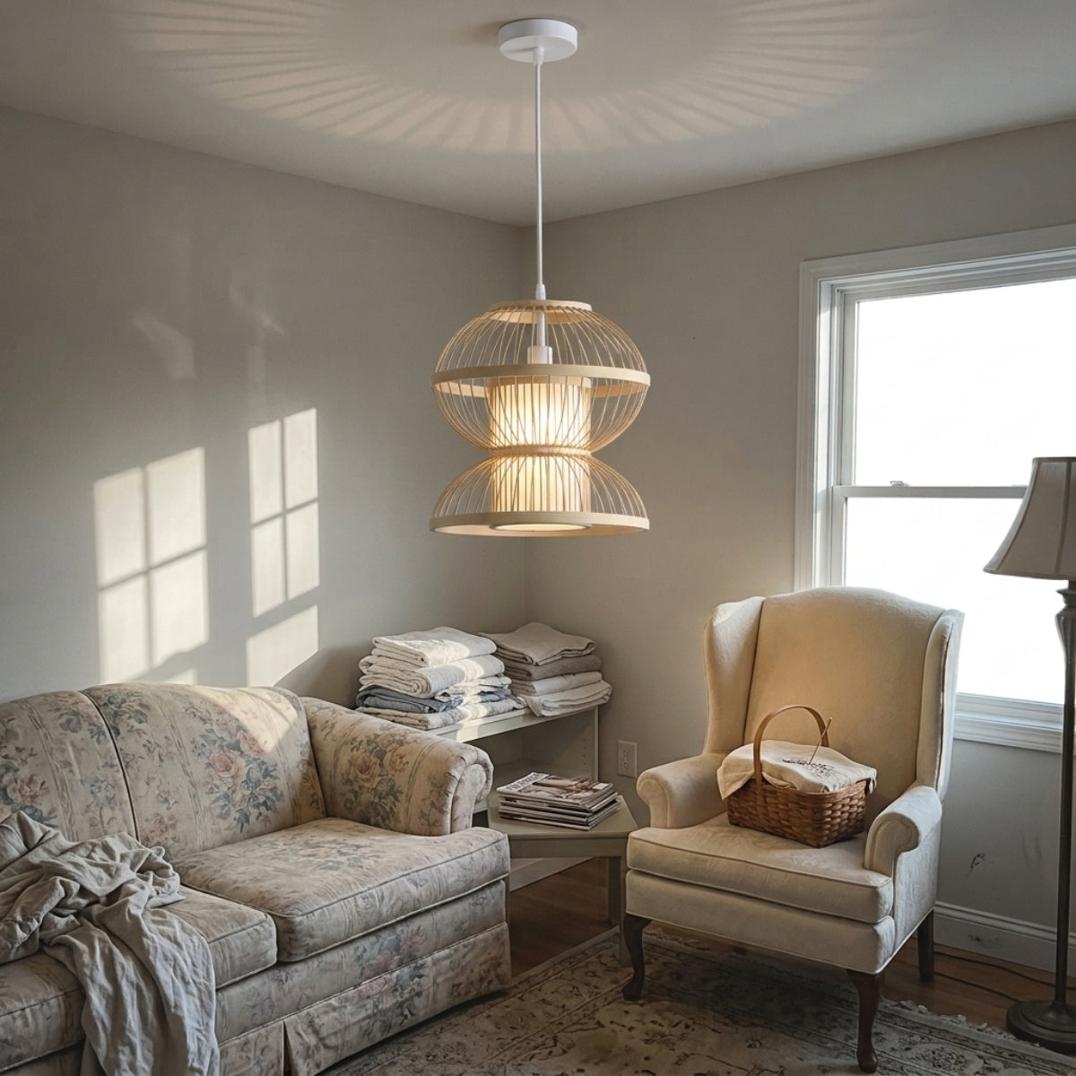 Hemisfera Bamboo Pendant Light in living room, hourglass shade near the sofa as a sculptural centerpiece, slat gaps scattering rather than focusing the light