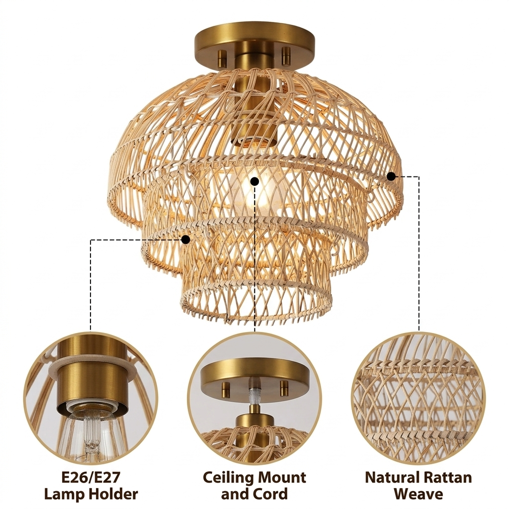 Hermasgi Rattan Ceiling Light with diamond-pattern lattice weave, natural matte finish, flush ceiling mount, one E26 socket casting warm diamond-shadowed ambient light