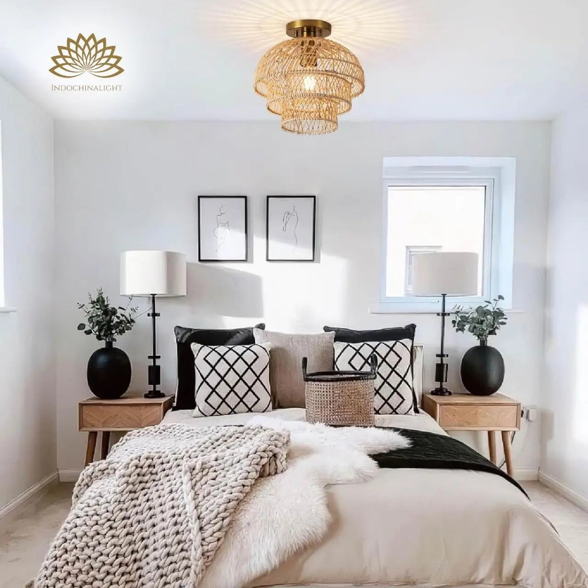Hermasgi Rattan Ceiling Light in bedroom, smallest tier beside the bed, diamond weave at eye level without crowding the nightstand surface for late reading