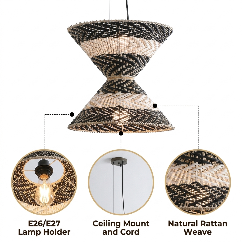 Hourstria Rattan Black Wicker Pendant Light with alternating black and natural banded wicker weave, adjustable cord mount, one E26 socket for warm ambient glow