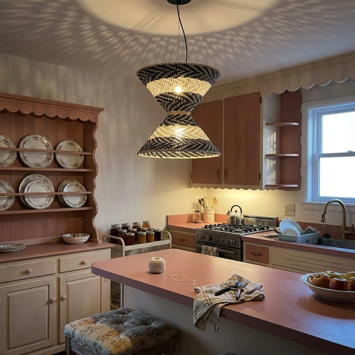 Hourstria Rattan Black Wicker Pendant Light over kitchen island, shades clustered so black and natural weave reads as one line of light for prep