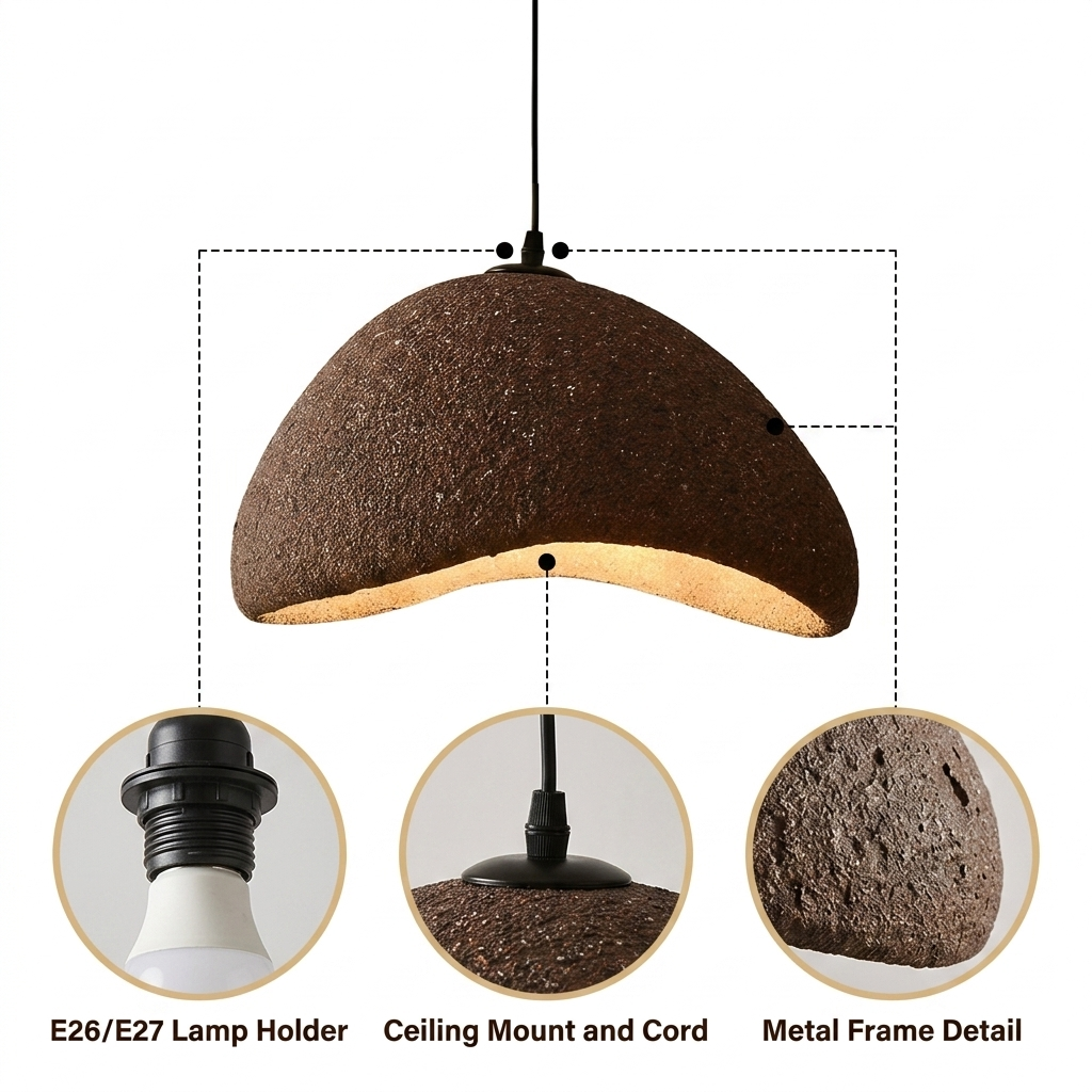 Imitation Stone Wabi Sabi Pendant Light with molded stone-effect polyethylene shade, brown matte finish, adjustable cord mount, single E26 socket for warm ambient glow