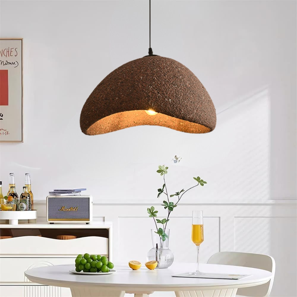 Imitation Stone Wabi Sabi Pendant Light above dining table, 19.7-inch dome centered 30 inches up spreading tabletop glow evenly without glare at eye level