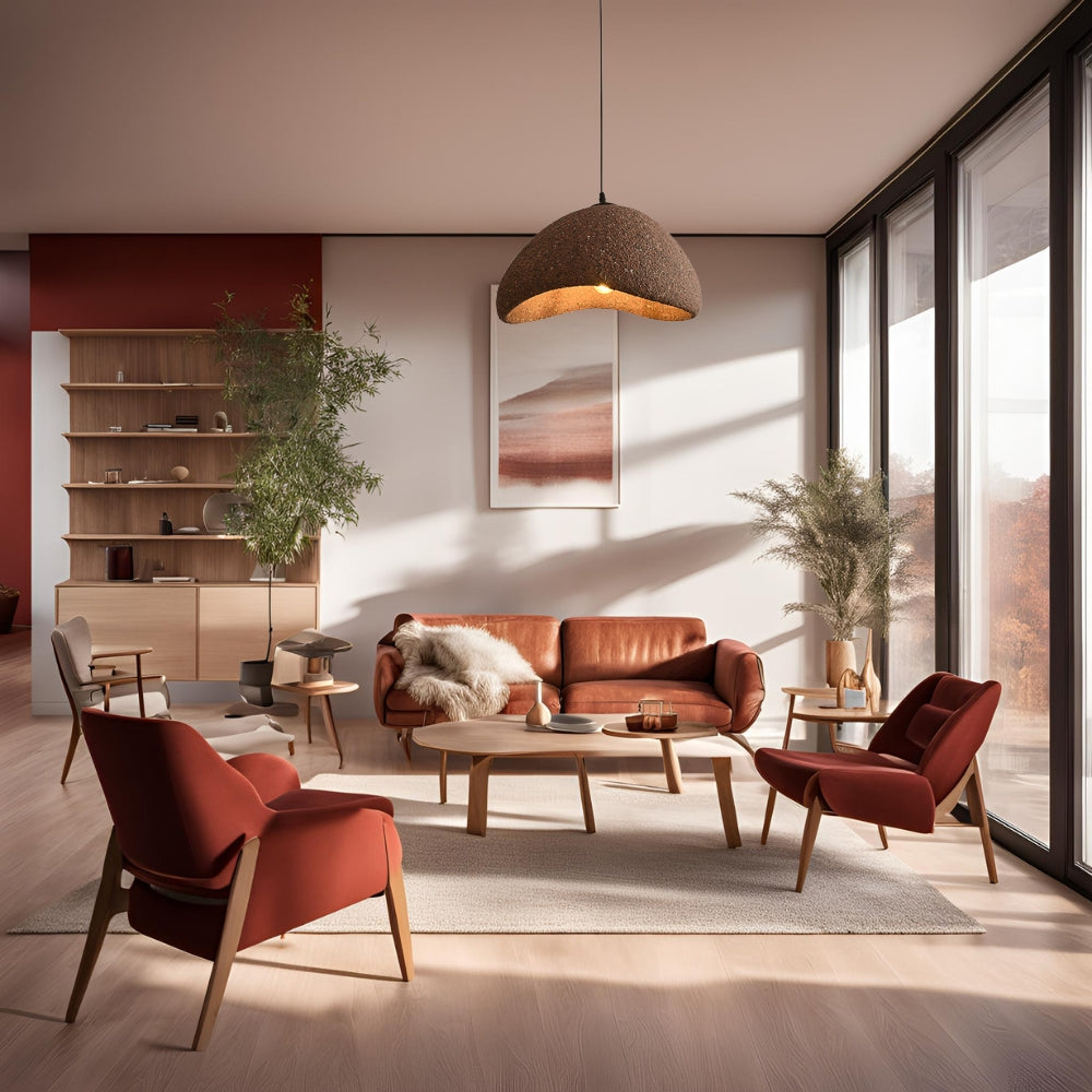 Imitation Stone Wabi Sabi Pendant Light in living room, 31.5-inch low dome centered over the coffee table, its edge clearing sofa sightlines below an 8-9 ft ceiling