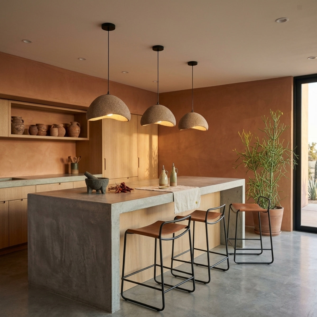 Imitation Stone Wabi Sabi Pendant Light over kitchen island, clustered textured faux-stone domes providing even downward prep light without blocking sightlines across the counter