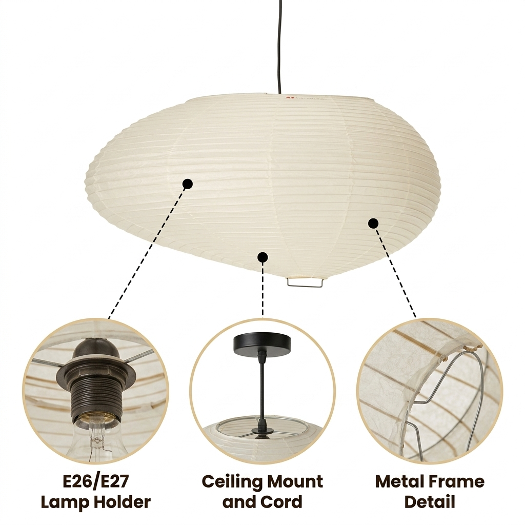 Isamu Noguchi Wabi Sabi Paper Pendant Light with hand-layered rice paper over curved metal ribs, white beige matte finish, adjustable cord mount, one E26 socket