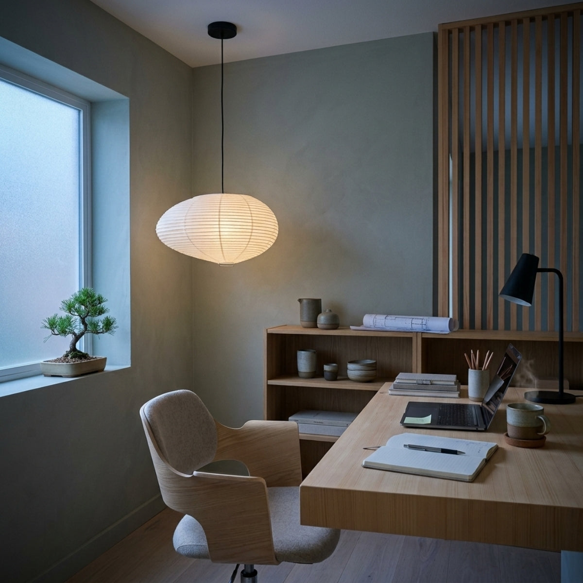 Isamu Noguchi Wabi Sabi Paper Pendant Light in home office, slender rice paper lantern hung offset above a white oak desk providing soft ambient glow without screen glare
