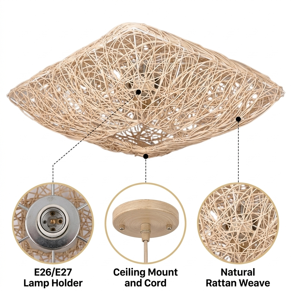 Japanese Square Flush Ceiling Light with irregular asymmetrical rattan nest weave, beige matte finish, flush ceiling mount, one E26 socket for warm ambient glow