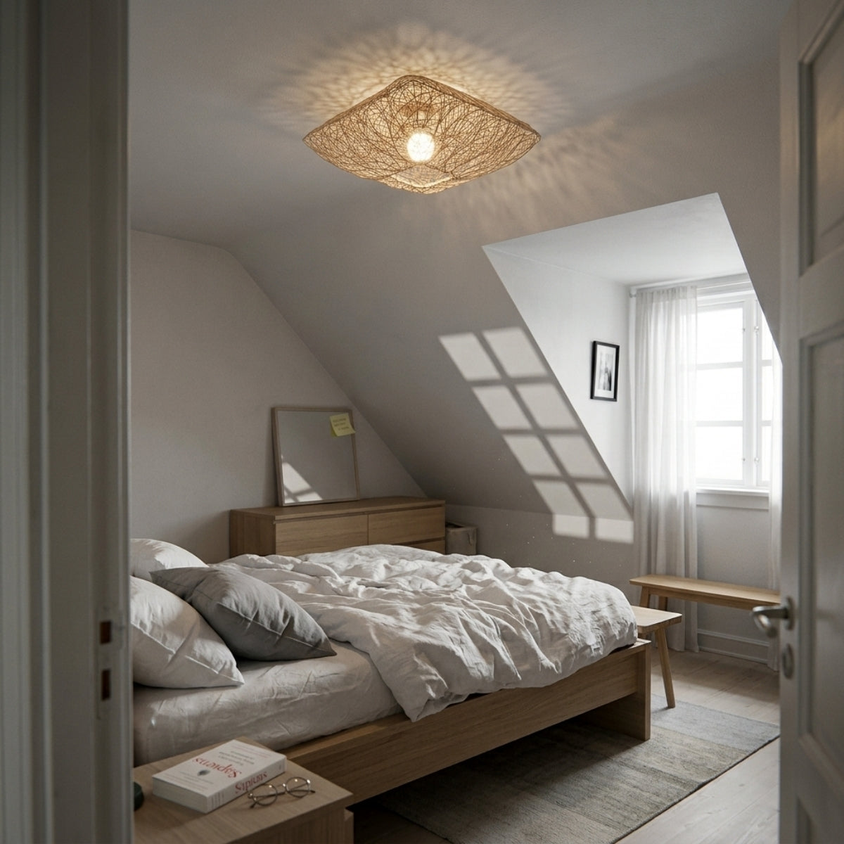 Japanese Square Flush Ceiling Light in bedroom, 15.7-inch nest-weave shade mounted flush beside the headboard casting a dappled wash good for low-light reading