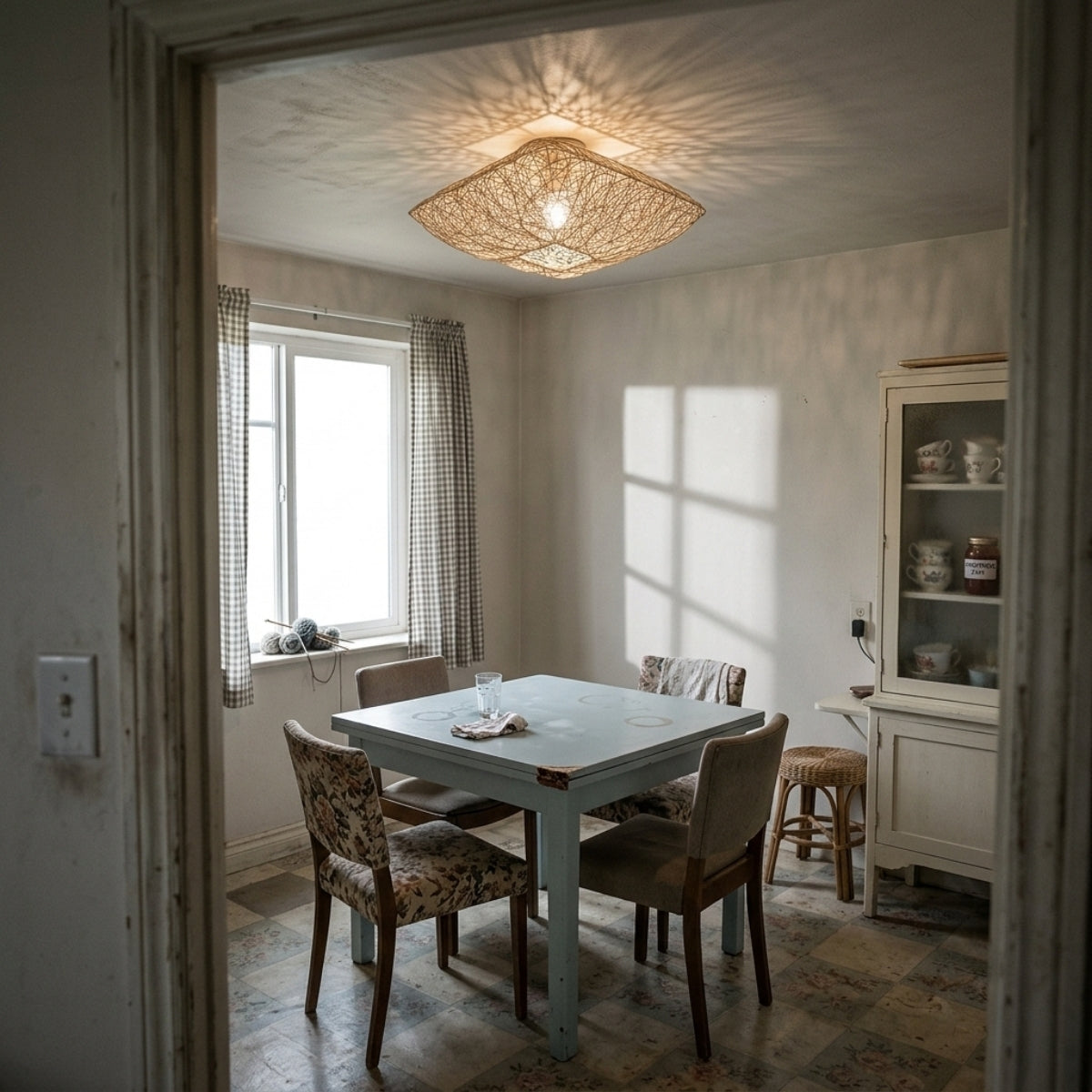 Japanese Square Flush Ceiling Light in dining room, 19.7-inch shade centered above the table covering it evenly without glare at seated eye height