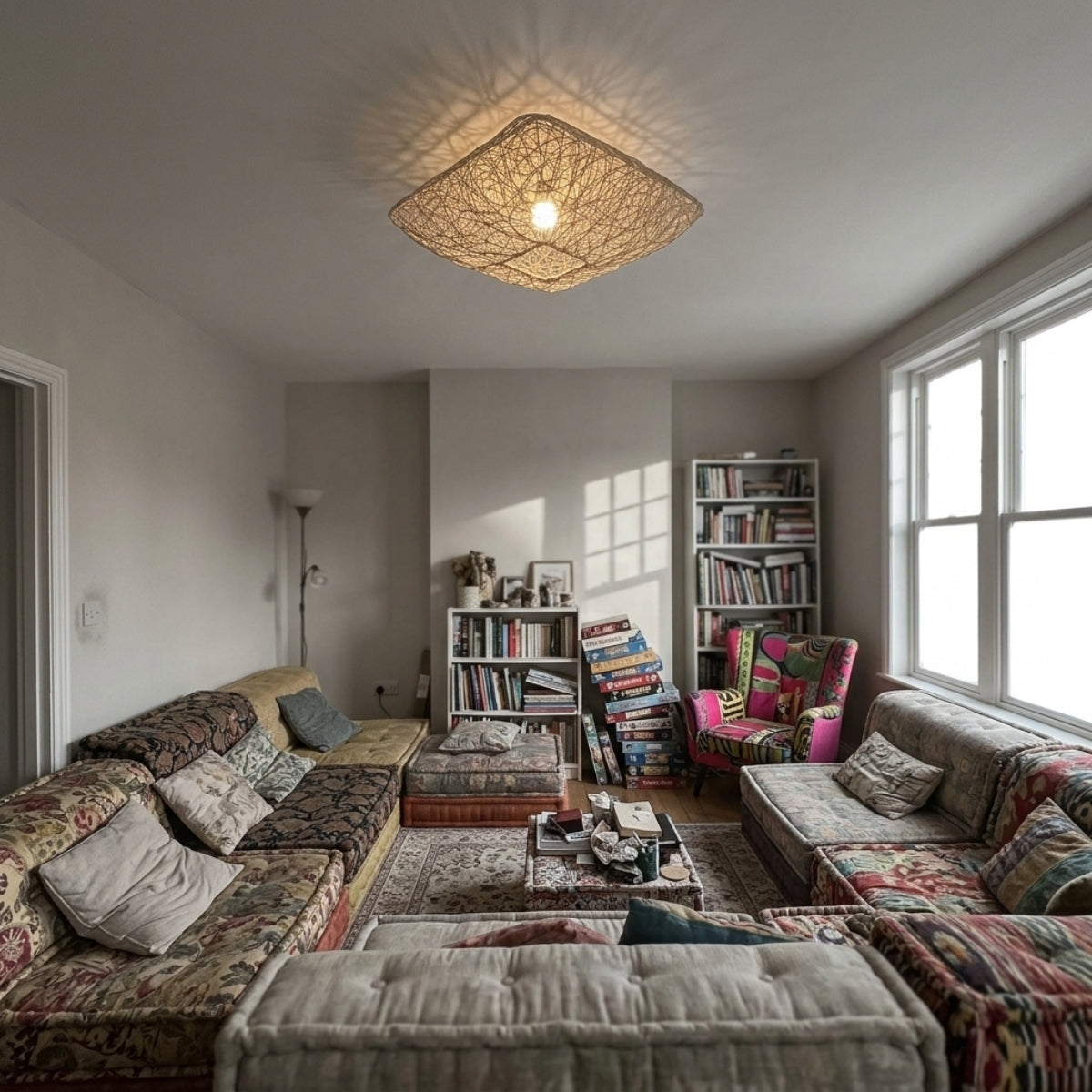 Japanese Square Flush Ceiling Light in living room, 23.6-inch shade centered above the seating area reading as a centerpiece with open-weave ambient glow over the coffee table