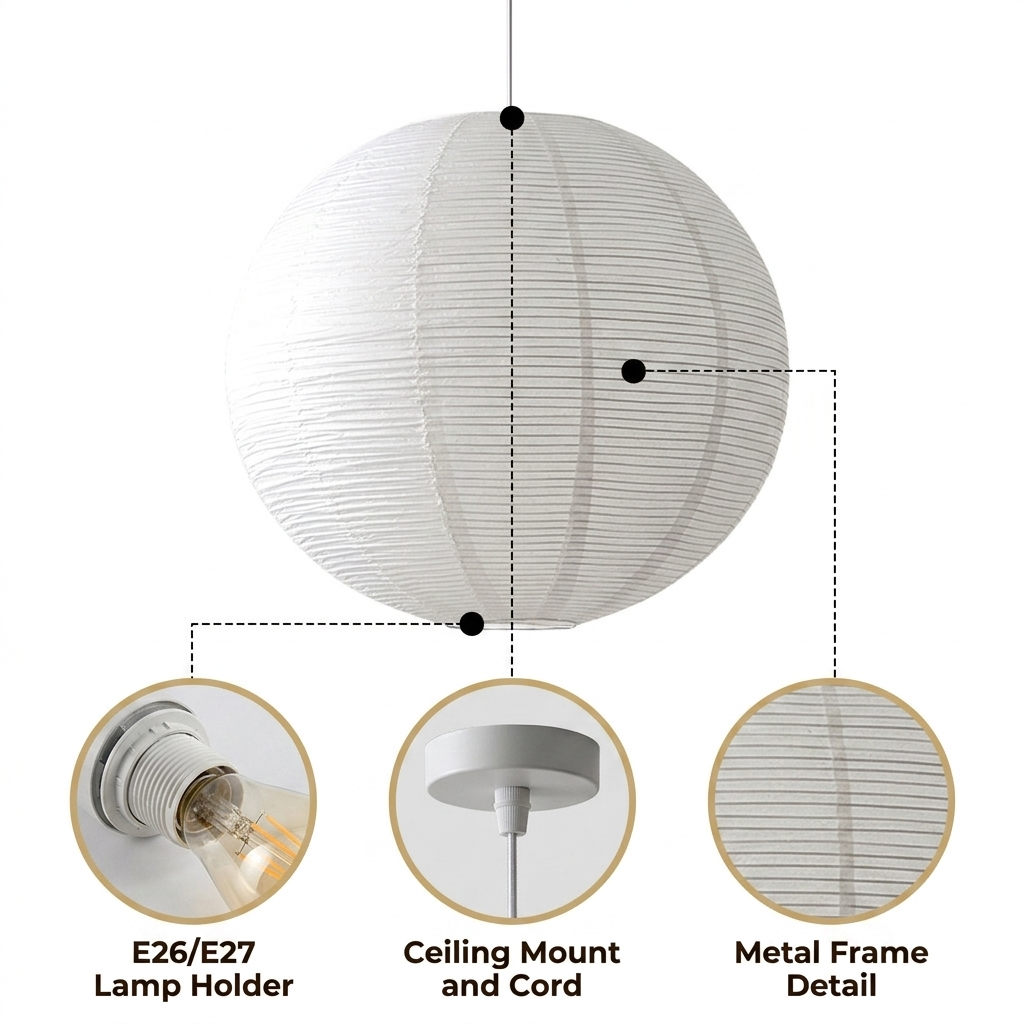 Japanese Wabi Sabi Rice Paper Ball Pendant Light with handmade rice paper stretched over a ribbed metal globe, white matte finish, cord mount, one E26 socket