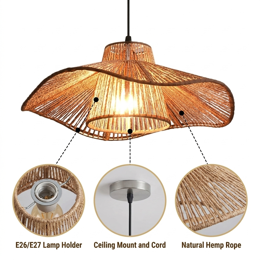 Japanese Weaving Hemp Rope Pendant Light with vertical parallel hemp rope striations, dark brown matte finish, flared mushroom brim, cord mount, one E26 socket